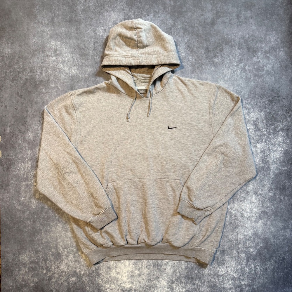 Vintage Nike Mens Mini Swoosh Hoodie Gray Pullover Sweatshirt XL Y2K
